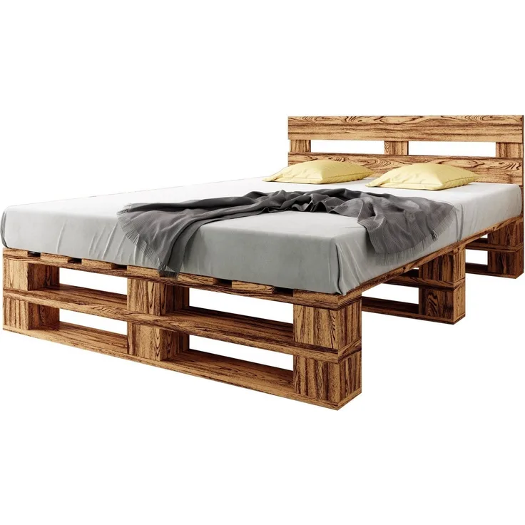 sunnypillow Palettenbett M2 aus Holz 180x200 cm mit Kopfteil und Lattenrost, Doppelbett, Familienbett - erhöhtes Ehebett Bettgestell Futonbett Komforthöhe Geflammt Massivholzbett