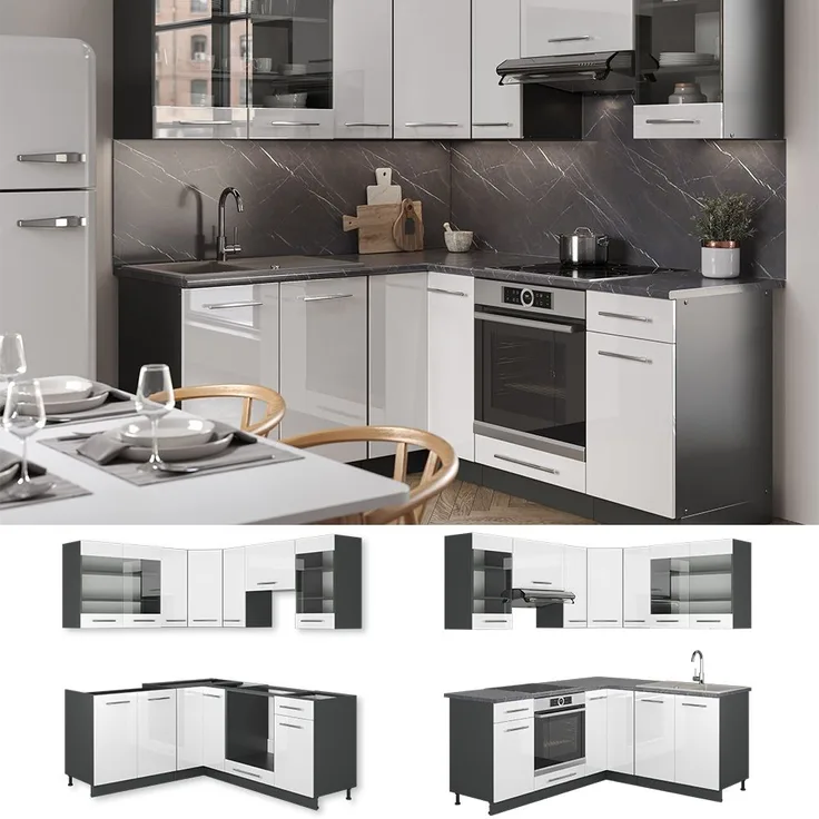 Eckküche Fame-Line Weiß Hochglanz/Anthrazit 190 x 46 cm ohne Arbeitsplatte Vicco