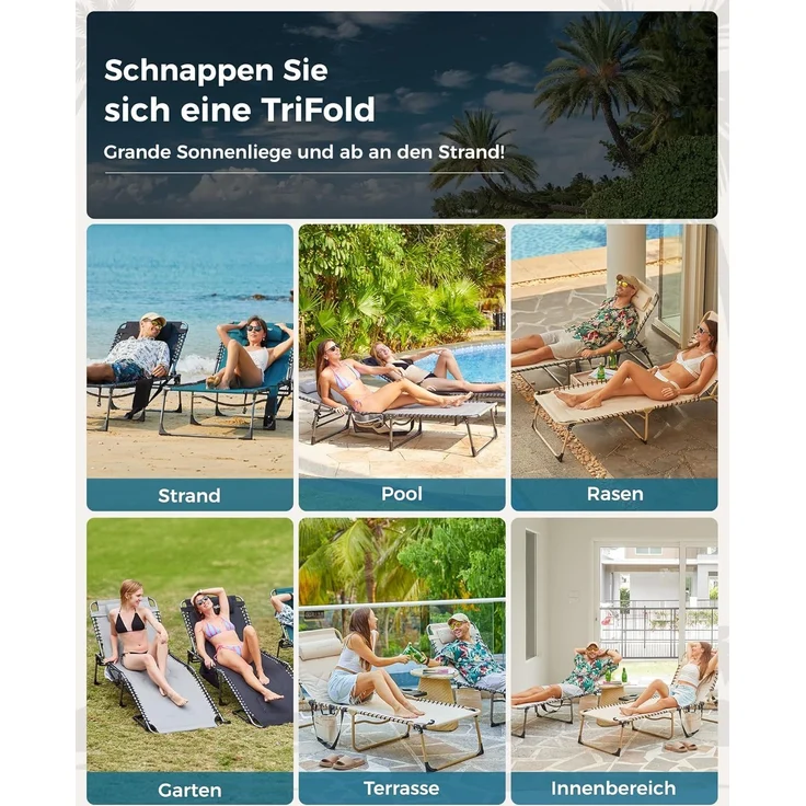 KingCamp Übergroße Sonnenliege Klappbar 5-Fach Verstellbar Gartenliege Liegestuhl Dreibeinliege Liege Campingliege mit Kopfkissen und Seitentasche bis 150 kg für Garten Urlaub Strand Pool 200x68 cm – Bild 9