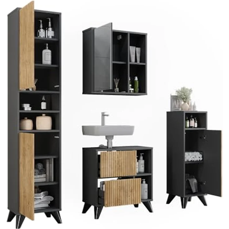 Vichy Badmöbelset Leano, Badezimmermöbel Set 4, Anthrazit/Bergeiche, mit Hochschrank, Badspiegelschrank und Waschbeckenunterschrank – Bild 7