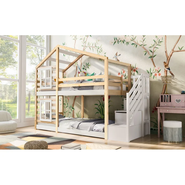 Kinder-Etagenbett Massivholz, Baumhaus-Design mit Schubladentreppe, 90x200 cm, Natur & Weiß, ohne Matratze – Bild 2