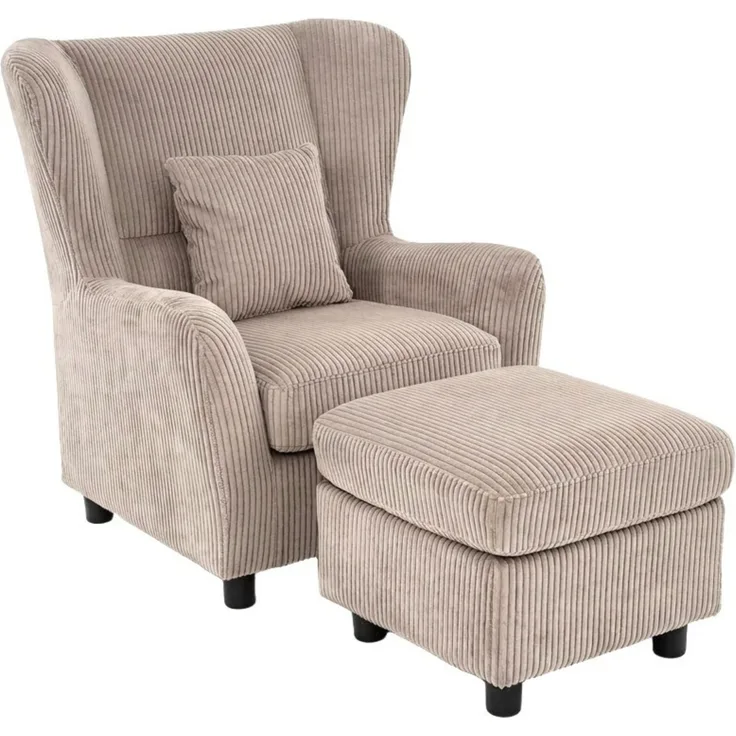 Ohrensessel mit Hocker, Taschenfederkern, Landhausstil Lesesessel, Cord in Taupe