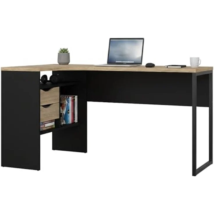 Dmora - Schreibtisch Patience, Mehrzweckschreibtisch, Bürotisch für PC, Eckschreibtisch, 145x81 h77 cm, Schwarz und Eiche – Bild 2
