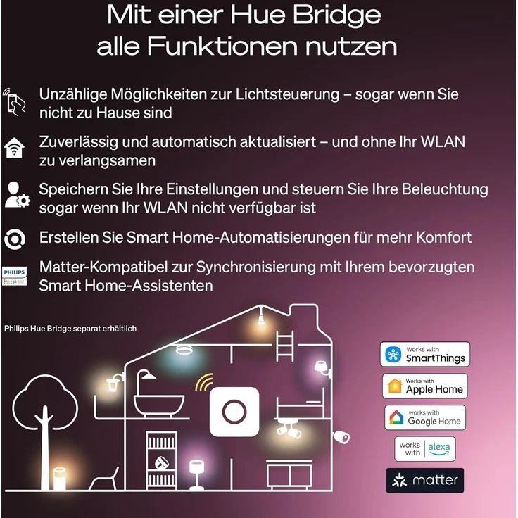 Philips Hue Smart LED A60 Lampe, warmes Weißlicht 2700K, E27 Fassung, 9,5W, 1100 Lumen, dimmbar, kompatibel mit Alexa, Google Assistant und Apple Home, 2er Pack – Bild 4