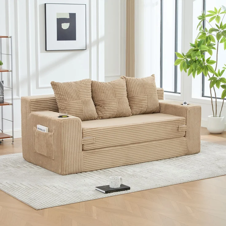 EINHOM Dreier-Sofa aus Baumwoll- und Leinenstoff, mit Getränkehalter und seitlichen Taschen, kann in drei Sitzplätze umgewandelt werden, rahmenloser Design mit gestrickten Kissen und Rückenlehne, großes Sitz – Bild 1