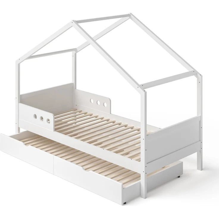 Bellabino 'Bela' Hausbett 90x200 cm mit Gästebett 90x190 cm und 2 Matratzen, weiß, Kiefer Massivholz, Montessori Kinderbett mit Ausziehbett, inkl. Rausfallschutz und Lattenrost – Bild 2