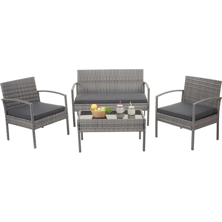 Poly-Rattan Garnitur HWC-F56, Balkon-/Garten-/Lounge-Set Sitzgruppe ~ grau, Kissen dunkelgrau