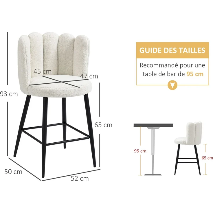 2er-Set Barhocker mit Fußstütze, Stahlgestell, Stoffbezug in Schlingwolle-Optik, Höhe 65 cm, cremefarben-schwarz – Bild 5