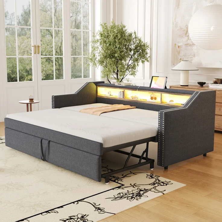 Polsterbett Ausziehbares Schlafsofa 90/180 x 190 cm, Multifunktionales Staufach, LED-Licht und USB-Buchse, mit Lattenrost, Dunkelgrau – Bild 1
