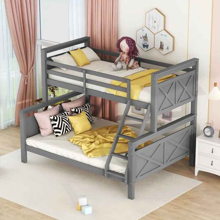 Etagenbett Kinderbett 90x200 / 140x200 cm umbaubar in 2 Einzelbetten, Hochbett mit Leiter und Sicherheitsgeländer,Grau – Bild 3