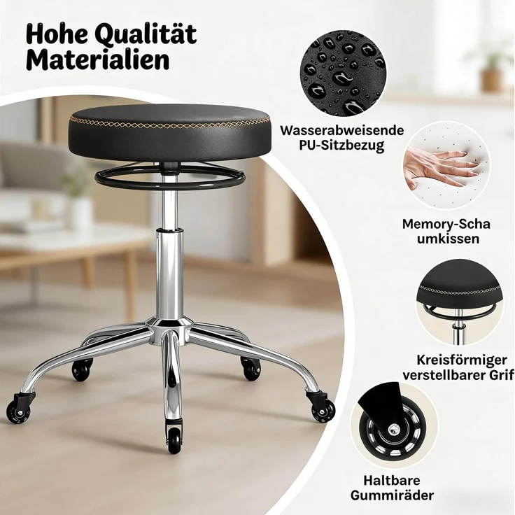 Bürohocker aus Kunstleder, höhenverstellbar & drehbar, 49x46-58x49 cm, Schwarz – Bild 7