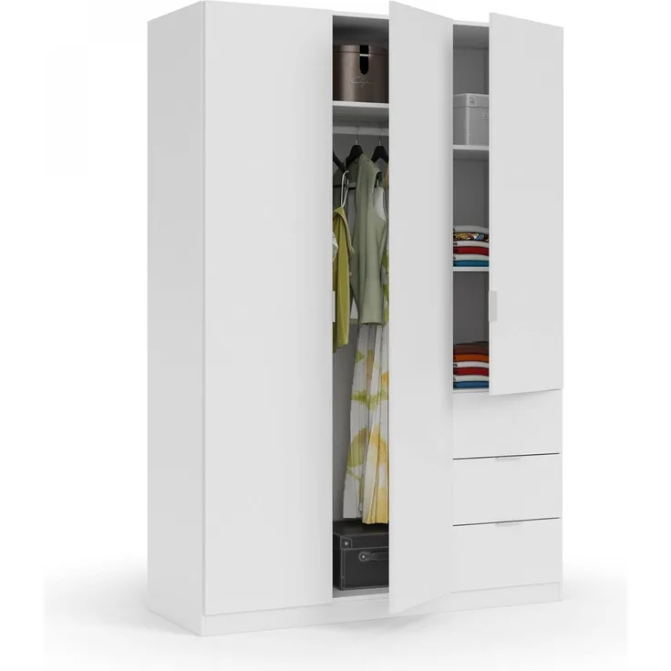 Dmora Kleiderschrank mit drei Flügeltüren und drei Schubladen, Farbe Weiß, Maße 135 x 200 x 52 cm