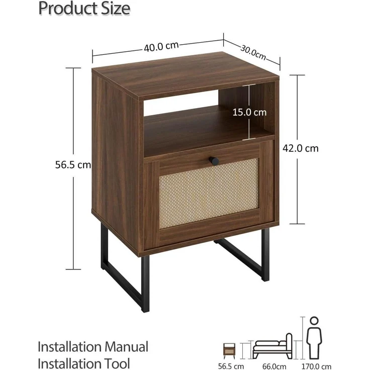 Boho Rattan Nachttisch mit Schublade und Regal, Goldrahmen, Braun – Bild 2