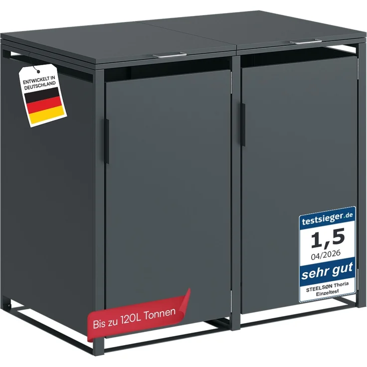 STEELSØN 'Thoria' Mülltonnenbox 2er je 120 Liter, anthrazit, Mülltonnenverkleidung aus Stahl, wetterfest, 102x62x117 cm, Müllbox für 2 Tonnen – Bild 1