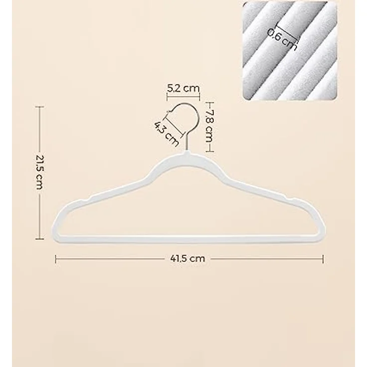 SONGMICS Kleiderbügel Samt, 30er Set, Bügel, Jackenbügel, 41,5 cm breit, Anzugbügel, dünn, gut belastbar, um 360° drehbarer Haken, für Mäntel, Hemden und Anzüge, weiß CRF026W02 – Bild 8