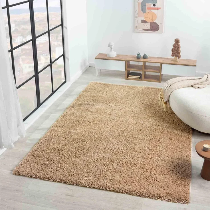 VIMODA Teppich Prime Shaggy Hochflor Langflor Einfarbig Modern Beige für Wohnzimmer, Schlafzimmer, küche, Maße:70x250 cm