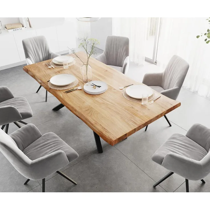 Esstisch Edge 200x100 XL Akazie Natur Kreuzgestell Rechteck Schwarz Live-Edge
