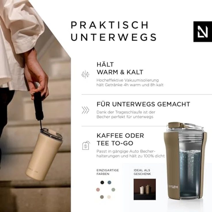 LARS NYSØM Thermo Kaffeebecher to go mit Trageschlaufe & Tritan Deckel | Travel Mug 0,38 Liter mit Isolierung | Auslaufsicherer Edelstahl Thermobecher für Café & Tee (Taupe Brown, 380ml) – Bild 2