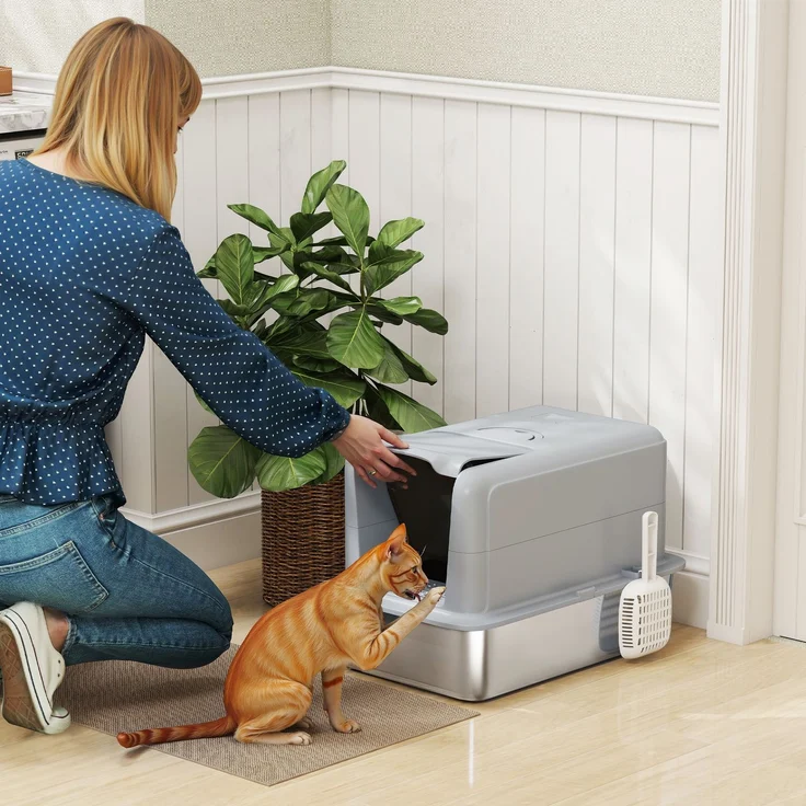 PawHut Katzentoilette, Edelstahl, Kunststoff, Grau, 40,5L x 60,5B x 41,5H cm – Bild 2
