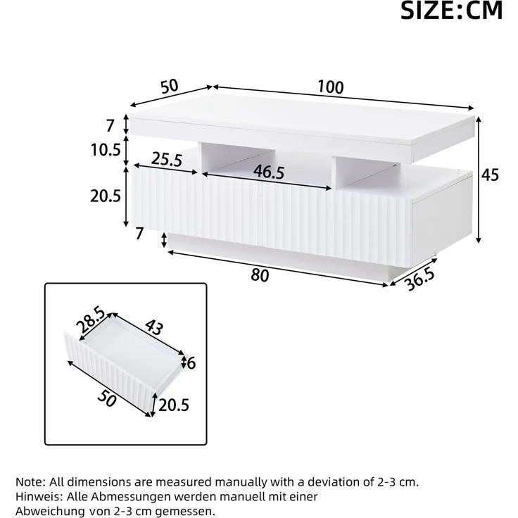 DESVIAE Couchtisch mit 2 Schubladen und LED-Beleuchtung 100x45x50 cm Spanplatte Weiß – Bild 10