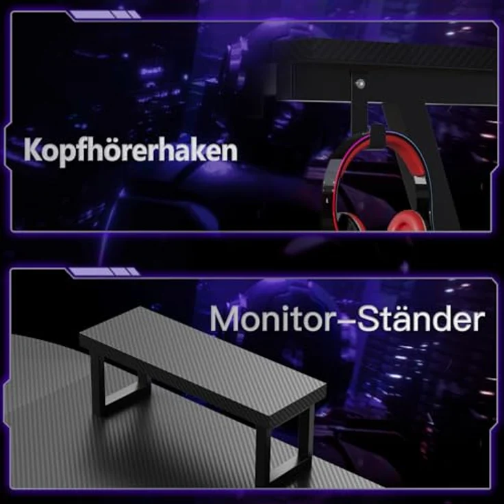 ODK Gaming Tisch, Computertisch, Gaming Schreibtisch mit runder Ecke, Gaming-Tisch mit Monitorablage (Kohlefaser Schwarz, 127x127 cm) – Bild 6