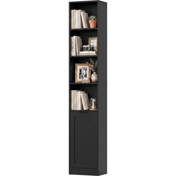 Homfa Bücherregal mit 6 Ebenen Bücherschrank Standregal mit Tür Eckregal, Hochschrank, Billy Regal für Homeoffice Bad, schwarz, 35 x 24 x 186,4 cm