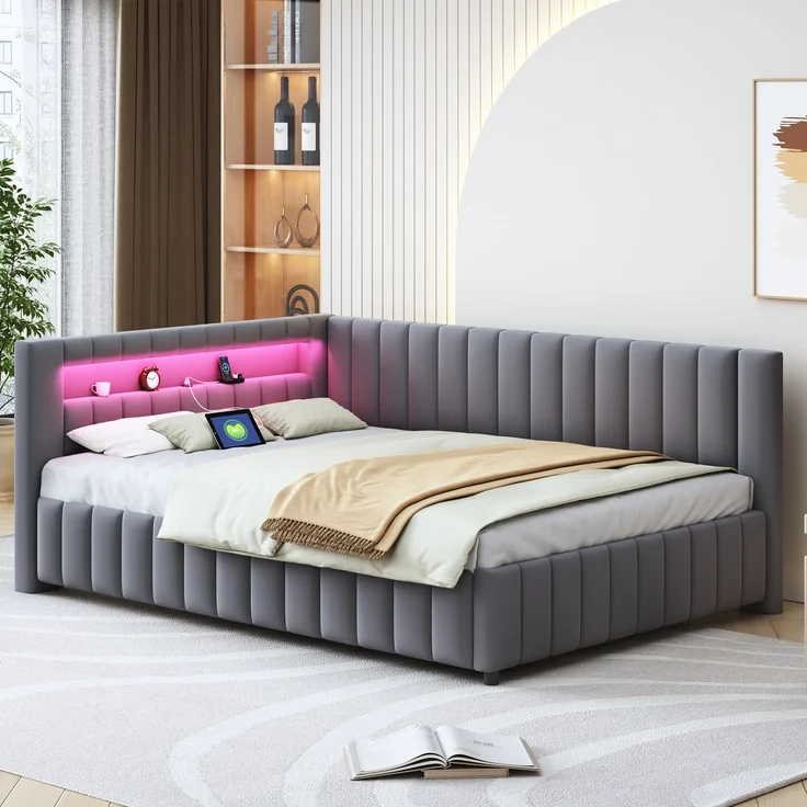 Polsterbett Schlafsofa 140x200 cm mit LED-Licht und USB-Anschluss, ohne Matratze – Bild 2