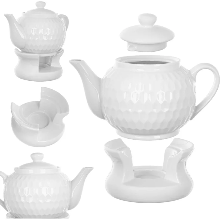 KADAX Teekanne 900ml mit Stövchen Set, Kaffeekanne aus Keramik mit Deckel, Griff und Teestövchen, Kanne mit Teelicht Wärmer für Tee, Teeservice (Weiß II) – Bild 1
