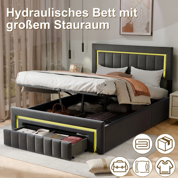 Polsterbett 140x200 cm, Anthrazit/Grau, Velours, LED, hydraulischer Stauraum & Schublade (ohne Matratze) – Bild 5