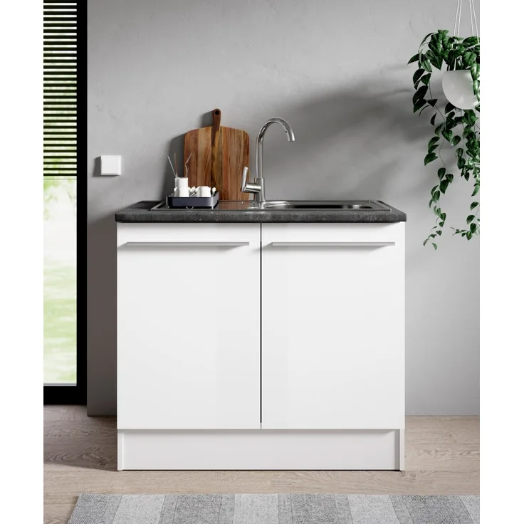 Yourkitchen 'JAZZ' Spülenunterschrank Küchenschrank, Holznachbildung weiß, 100 x 90 x 60 cm, ohne Ausschnitt und Spüle