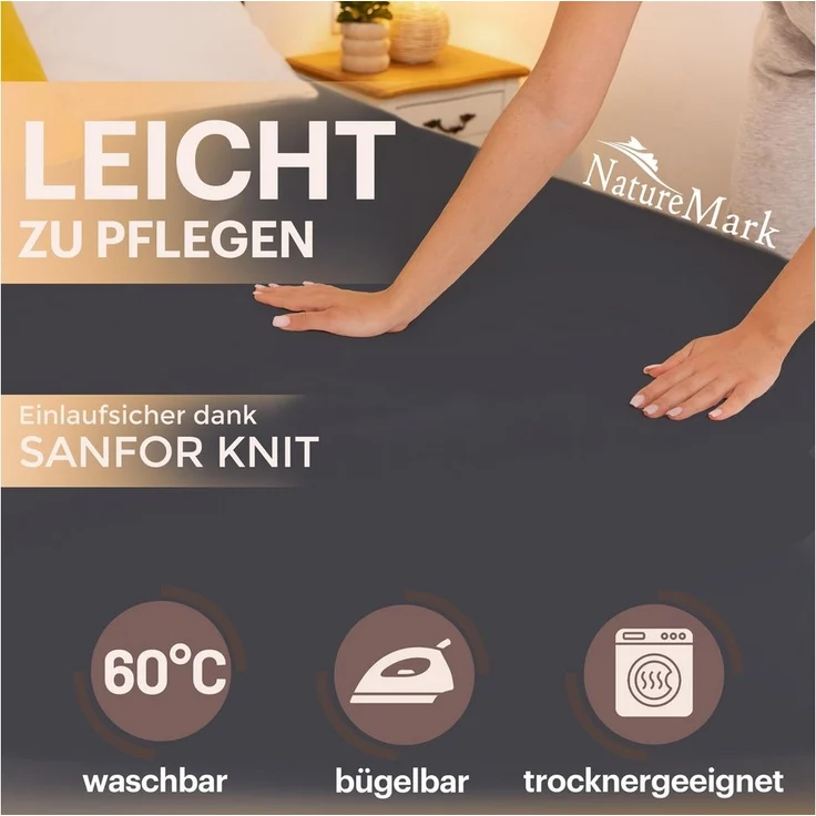 NatureMark Spannbettlaken Jersey Basic Spannbetttuch, 100% Baumwolle, Gummizug: rundum, (1 Stück), in vielen Größen und Farben, bis 40cm Steghöhe, 200x220cm, Schwarz – Bild 2