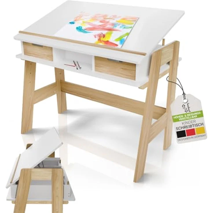 Juskys Kinder Schreibtisch Fietje Plus - neigungs- & höhenverstellbar, 2 Schubladen, robustes Material, viel Stauraum - Kinderschreibtisch aus Holz – Bild 2