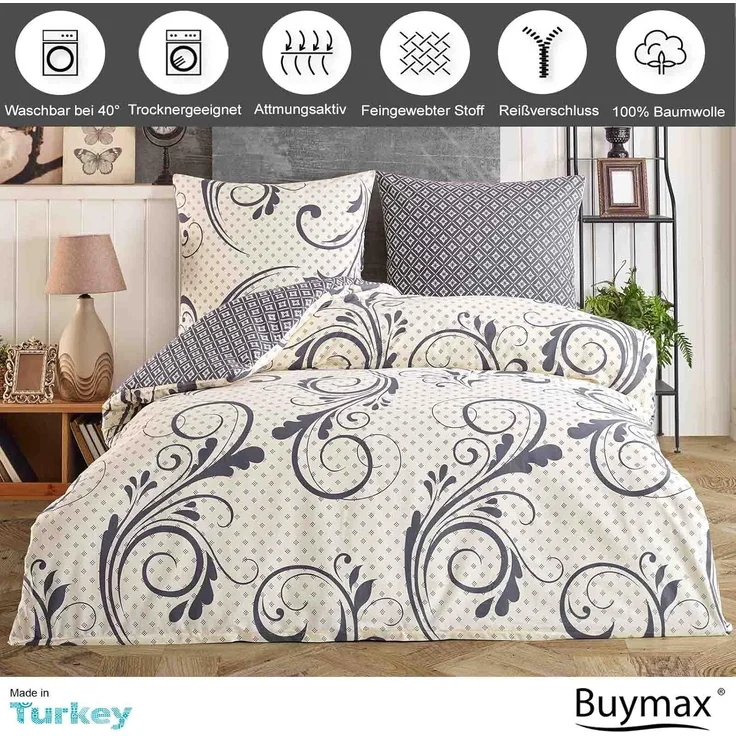 Buymax Bettwäsche Wendebettwäsche, Kissenbezug 80x80 cm, Renforce: 100% Baumwolle, 2 teilig, Bettbezug-Set, mit Reißverschluss, Muster Floral Barock – Bild 2