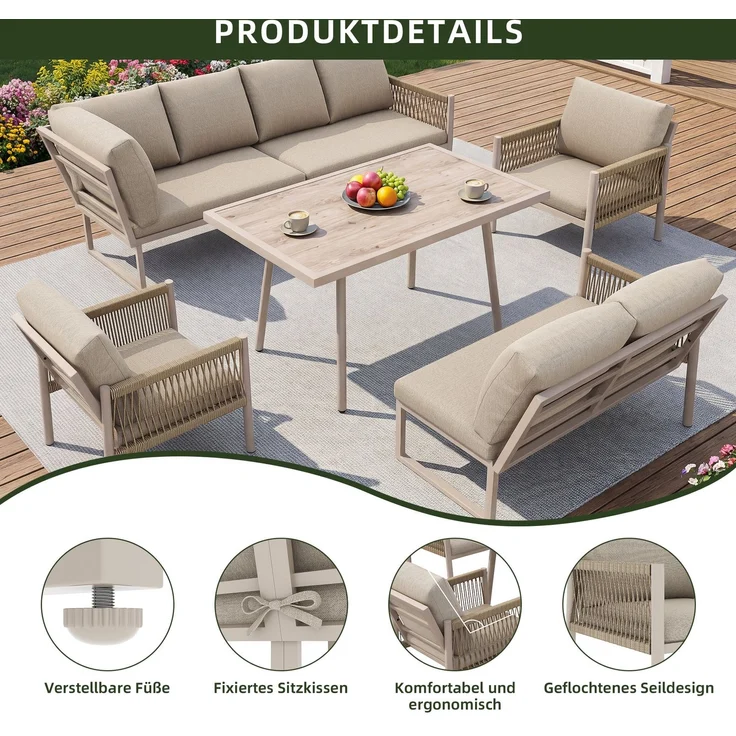 Merax Gartenlounge-Set 6 teilig für 7-8 Personen, Gartenmöbelset mit Kissen, Tisch mit Holzoptik-Glasplatte, Sofagarnitur Terassenmöbelset, Beige – Bild 5
