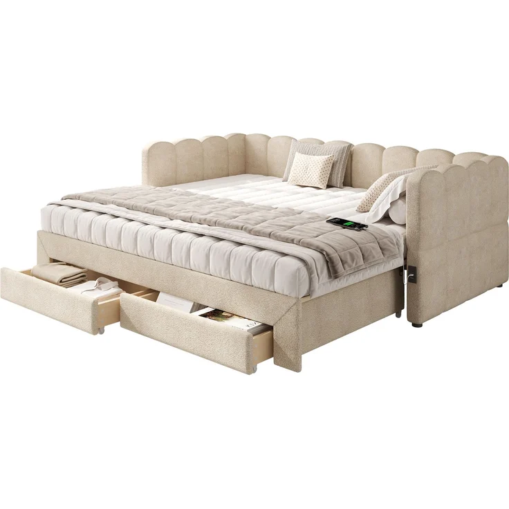 CHICFURN Bett aus Chenille Beige 90/180x190 cm ausziehbar mit 2 Schubladen und USB- und Type-C-Anschlüssen – Bild 7