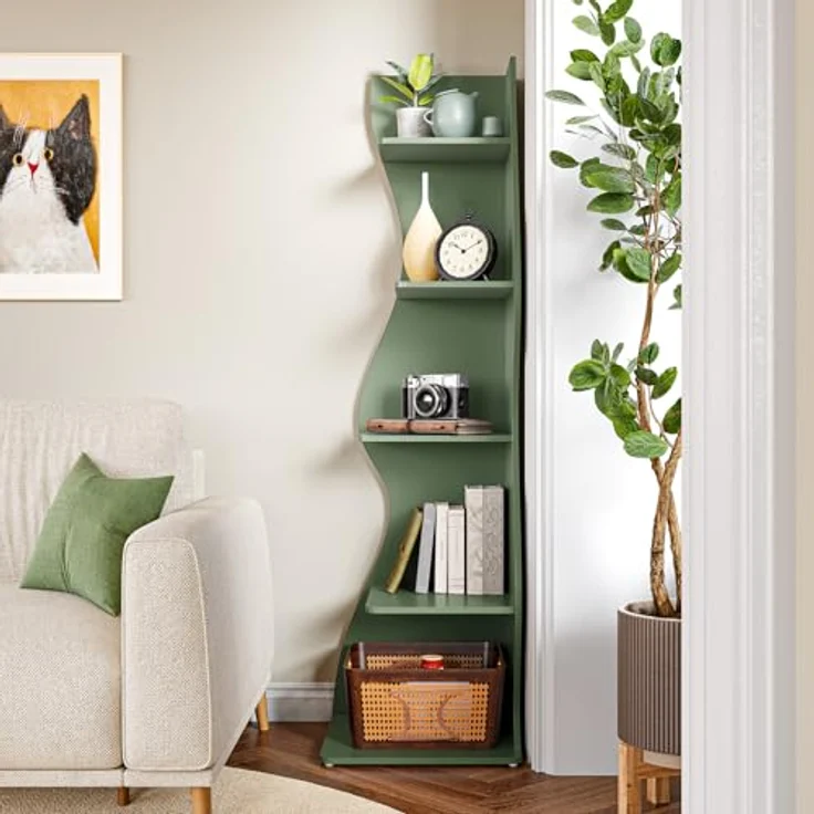 LITTLE TREE Bücherregal Ecke, Modernes Regal Schmal mit 6 Ebenen, 50 x 48 x 179 cm Bücherregal Holz, Standregal mit Wellen-Design für Kleine Räume, Wohnzimmer & Schlafzimmer, Grün, 2er Pack – Bild 5