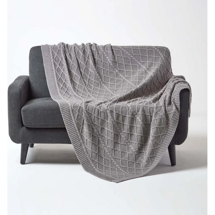 Plaid Strickdecke aus 100% Baumwolle, grau, 130 x 170 cm, Homescapes – Bild 1