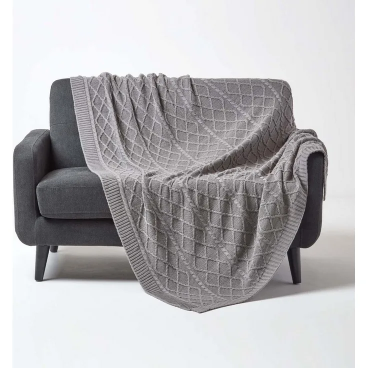 Plaid Strickdecke aus 100% Baumwolle, grau, 130 x 170 cm, Homescapes