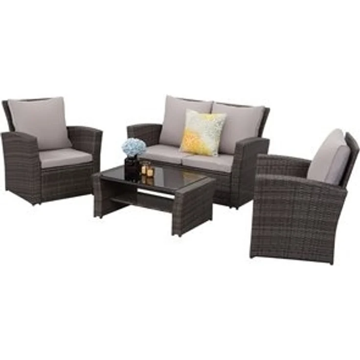 MeXo Gartenlounge-Set Balkonmöbel Set für 4 Personen, (Poly Rattan Gartenmöbel Set, 4-tlg, Lounge-Sets mit 2-Sitzer Sofa, 2 Sessel und Tisch mit Stauraum), wetterfeste Terrassenmöbel Set für kleiner Balkon – Bild 6