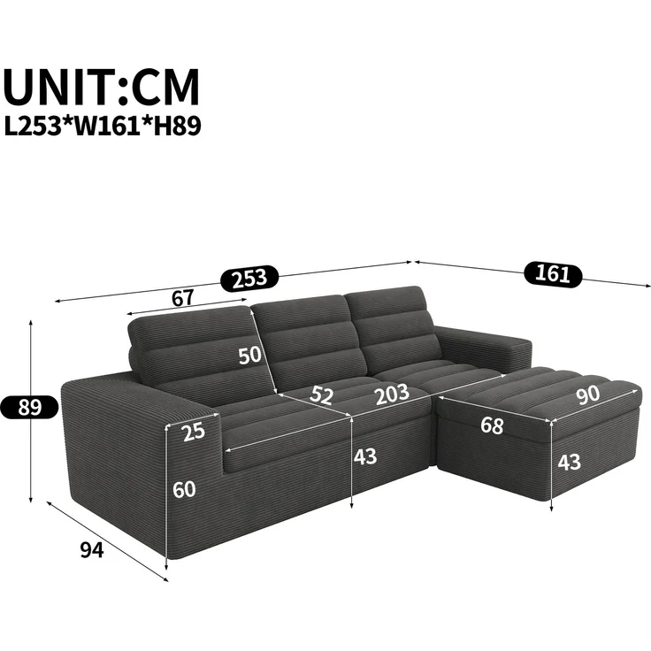 Ecksofa 253 x 161 x 89 cm in Dunkelgrau, modulares Cordsofa mit Hocker, rahmenloser Schaumstoffpolsterung – Bild 5