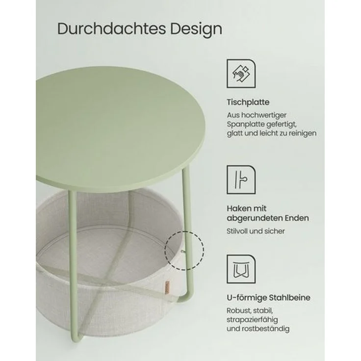 VASAGLE Beistelltisch mit Korb aus Stoff, Holzspanplatte, Ø 45x50 cm, Lorbeegrün / Creme – Bild 4