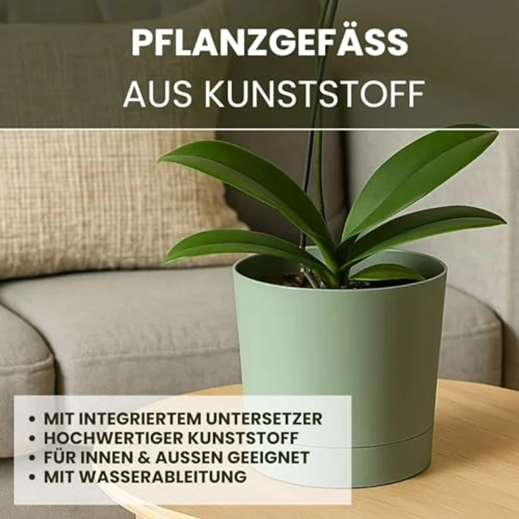 LAMELA Pflanzgefäß mit integriertem Untersetzer, Breite 22,5 cm – 7L – Grüner Blumentopf für Innen & Außen – Wetterfest & Pflegeleicht, Graugrün – Bild 3