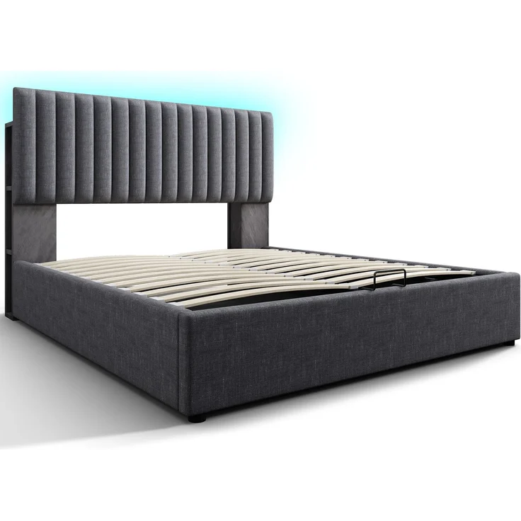 Polsterbett 140×200 cm aus Leinen-Stoff mit LED-Beleuchtung und USB-C-Ladestation, grau – Bild 5
