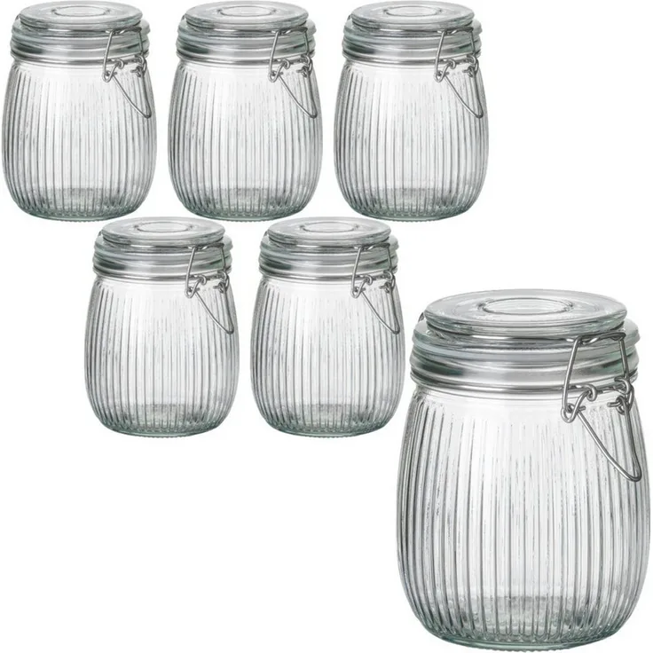 gouveo Vorratsglas geriffelt mit Bügelverschluss - Bügelgläser mit Muster, Glas, (6-tlg, 1500 ml), dekorativ