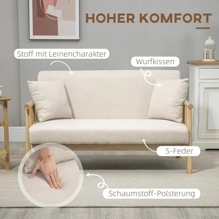 HOMCOM 2-Sitzer Couch mit 2 Lendenkissen, Gepolsterter Polstersofa, Sofa 1 Teile, für kleine Räume, Wohnzimmer, Schlafzimmer, Beige – Bild 4