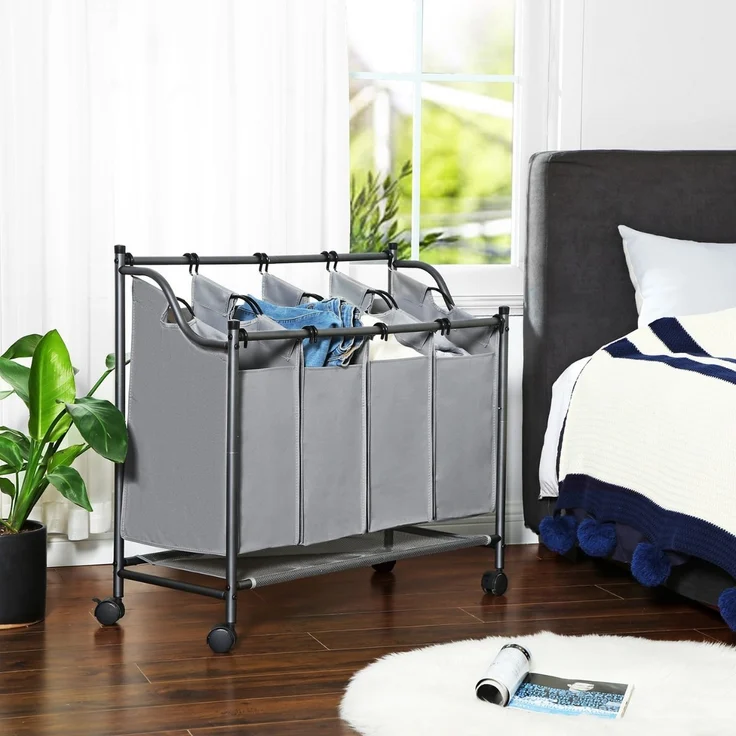 Songmics Wäschesammler auf Rollen mit 4 Fächern, Polyester Schwarz, 67/81 x 87,5 x 38,5 cm – Bild 9