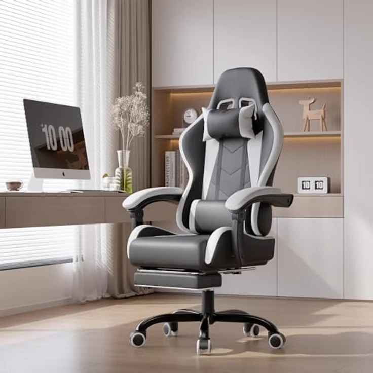 JUMMICO Gaming Stuhl, Bürostuhl Ergonomisch Mit Massagefunktion, Gamer Stuhl verstellbare Rückenlehne 90-135°,und fußstütze, Gamingstuhl 150 kg belastbarkeit, Weiß – Bild 2
