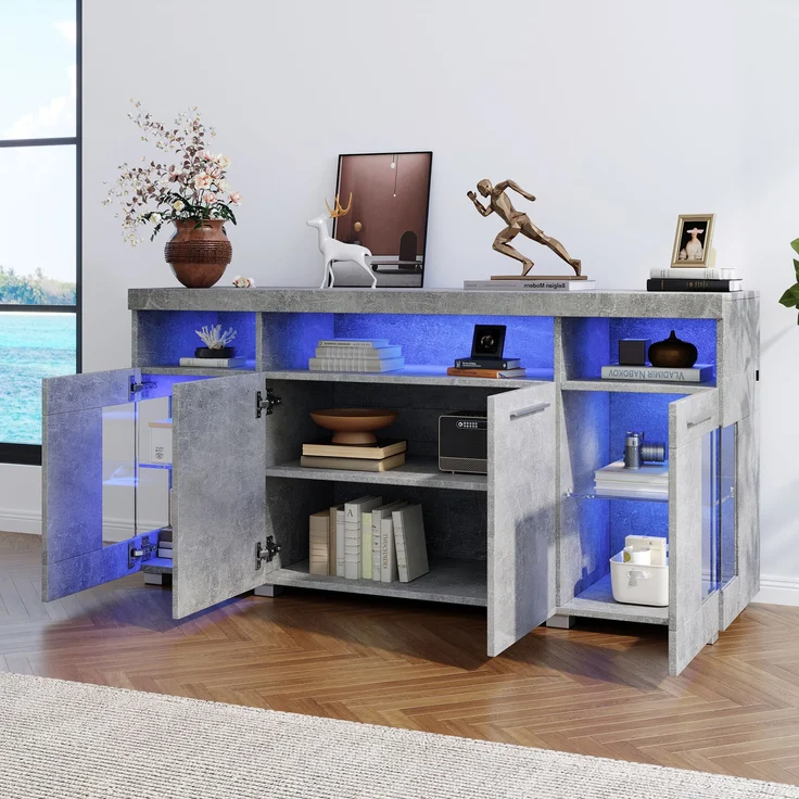 Beistelltisch Sideboard 140x40x70 cm, zementgrau mit LED-Beleuchtung & Glasfronten – Bild 4