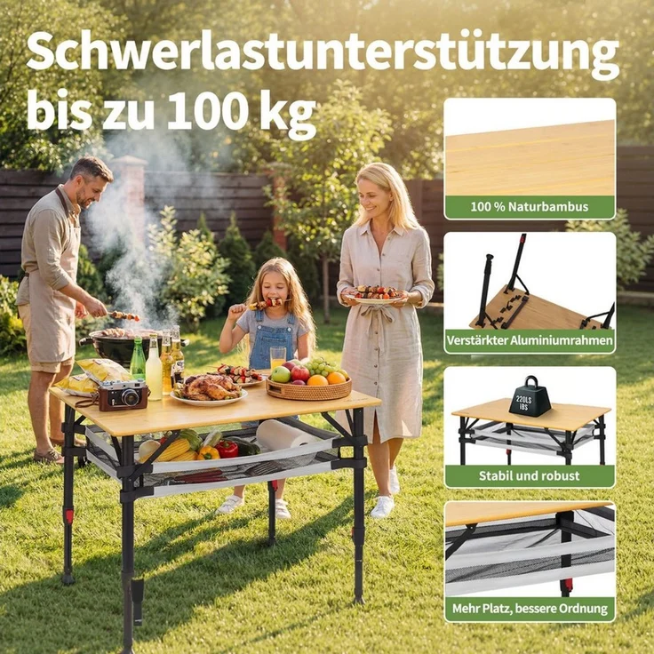 HOMECALL Klapptisch Bambus Camping-Klapptisch höhenverstellbar 47–65 cm (natürliche Bambus-Tischplatte, Aluminiumrahmen, abnehmbares Netzfach, tragbarer Outdoor-Picknicktisch) – Bild 4