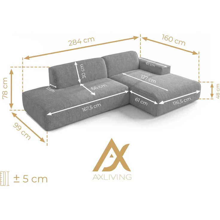 AX LIVING Ecksofa Modern Didim Duo 284 cm Dunkelgrau Chenille Sofa R – Bild 5